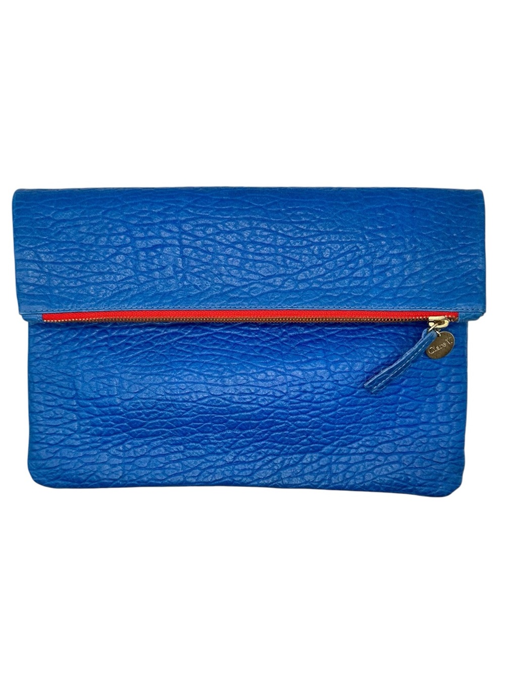 CLARE V. FOLDOVER CLUTCH IN BLUE PEBBLE WITH RED ZIPPER